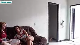 Young girl studies at friend's, ends up banged by whole family. Dad and son pound her mouth and slit!