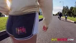 Petite blonde in shorts gets throat fucked and pounded deep in her ass