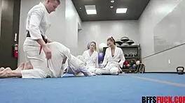 Teen brunette rides and cums in gangbang foursome