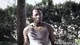 Young beauty casually sucks gardener's black dong outdoors