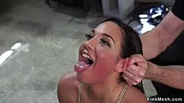 Brunette in stockings undergoes intense fucking training with choking and bondage