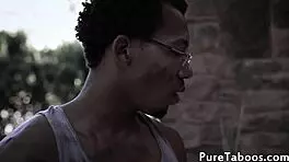 Young beauty casually sucks gardener's black dong outdoors