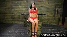 bound inked lesbian sub rides huge black strapon