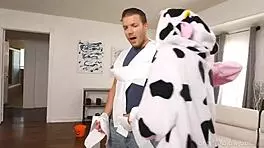 Horny babes give a halloween blowjob treat