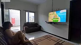 Teen brunette plays videogame on guy's lap, discovers huge interracial cock leading to amateur orgasm