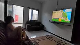 Teen brunette plays videogame on guy's lap, discovers huge interracial cock leading to amateur orgasm