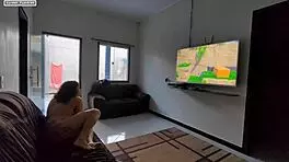 Teen brunette plays videogame on guy's lap, discovers huge interracial cock leading to amateur orgasm