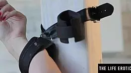 Hot bdsm teen in crotchless leather panties masturbates to orgasm while bound