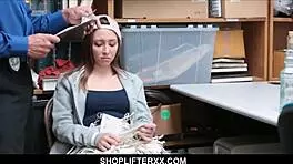 Cute teen caught stealing, fucked hard by horny security guard in shop tits sex