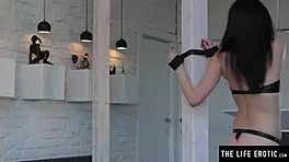 Hot bdsm teen in crotchless leather panties masturbates to orgasm while bound
