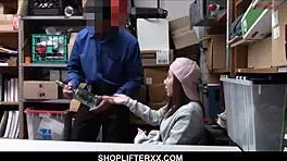 Cute teen caught stealing, fucked hard by horny security guard in shop tits sex