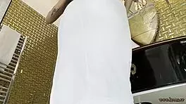 wow, this hot petite 18+ milf slips into a white dress for a sexy thong change 😍