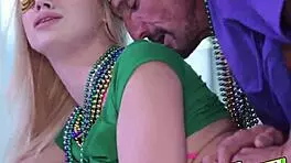 Blonde teen intensely sucks massive cock with natural tits exposed