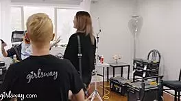 During the photoshoot, the hot teen in lingerie experiences deep fingering and squirting.