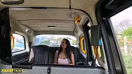 Fake taxi - young 18+ brunette with big tits in tight dress rides me hard before her date, givin’ a sloppy blowjob till I bust!