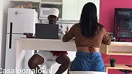 Wife Sucks Husband In Kitchen While Friend Distracts Him With Oral And Masturbation