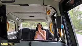 Fake taxi - young 18+ brunette with big tits in tight dress rides me hard before her date, givin’ a sloppy blowjob till I bust!