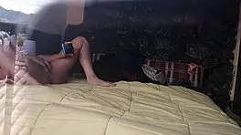 I spy on my secretary masturbating her pussy during an outdoor video call from the window