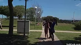 look at that petite spanish slave flashing her ass in public bondage.