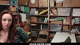 teen redhead caught stealing underwear in garage, gives blowjob and doggystyle