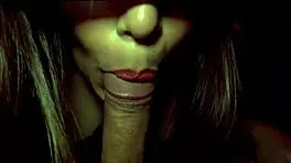 babe gives blowjob and titjob while rubbing nipples in nightclub vip lounge