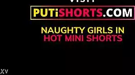 cute european blondie in booty shorts having fun