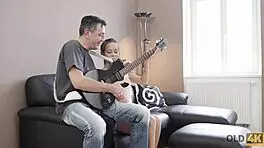 hey, old guitarist, let’s bang with this cute euro brunette on sofa