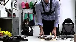 Bitchy suspect in the office gives hidden cam blowjob to security guard's cock
