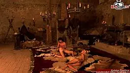 Lesbian anal threesome featuring glass dildos and skinny petite sluts