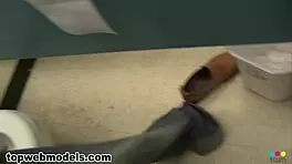 Blonde 18-year-old Nicole Ray jerks a thick cock and gets drilled hard in restroom stall