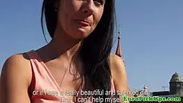 Shy European pickup babe flashes her panties in an upskirt view for neighbors in reality POV