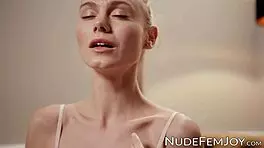 Young Blonde Babe Rubs Her Shaved Pussy with Bold Moves