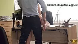 Hot brunette stunner bends over during job interview for extra cash, getting doggystyle fucked.