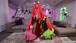 filthy taboo halloween threesome with black gf and stepmom in missionary.