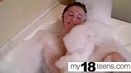 My18teen babe masturbates in bath, getting close-up orgasm on sexy tits
