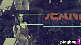 Emily bloom poses seductively, showing shaved pussy and big ass.