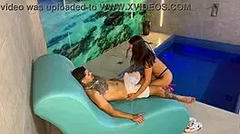 Hot brunette latina rides swollen pussy in cowgirl missionary riding passionate session.