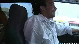 hey, this curly babe flashes tits on the bus for cash