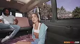 Violet Reign, cute brunette gets fucked doggystyle on bus, bent over hairless ass, blowjob and facial