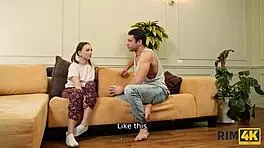 In the workspace, a beautiful russian woman in stockings and heels gets her ass licked and rimmed doggystyle.