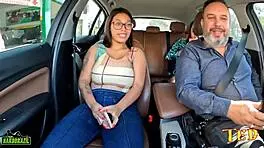 Bruna Paz flaunts her all-natural body and massive breasts on public streets in a car with Ma Santos Oficial.