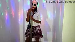 Dirty hot student brunette dances after class, showing tight wet pussy under skirt!