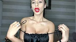Oh, Those Juicy Big Tits And Red Lips Sucking Big Dildo!