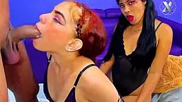 three latinas sucking friend's monster cock