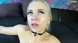 teen gets facial cum after sucking big cock and dildo