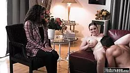 The counselor sucks the husband's cock and fucks him while wife watches