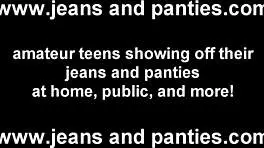 Tiny teen 18+ Missy slips out of tight skinny jeans and panties.