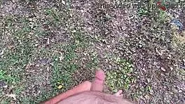 dirty talking outdoors naked, then masturbating and cumming barefoot in pov