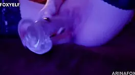 Redhead Arinafox masturbates with dildo while parents are away, shaved pussy solo fun.