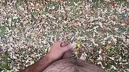 dirty talking outdoors naked, then masturbating and cumming barefoot in pov